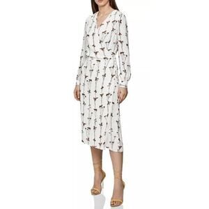 Reiss 2 Renae Faux Wrap Midi Dress White Floral V Neck Hourglass Long Sleeves